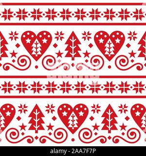 Noël scandinave, modèle vectoriel continu folk floral répétitif cute design nordique avec les arbres de Noël, des flocons et des coeurs en rouge sur blanc Illustration de Vecteur