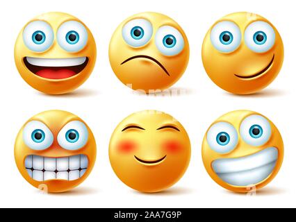 Émoticônes et smileys emoticons face vector set. Smiley faces cute emoji dans heureux, en colère et l'expression du visage drôle isolé en fond blanc. Illustration de Vecteur