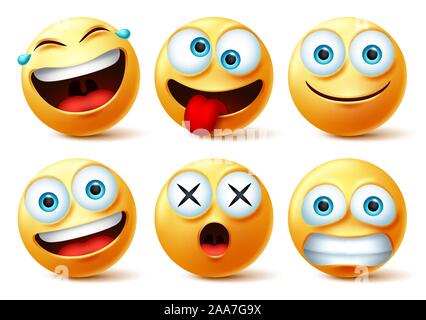 Smileys emoji et émoticone visages vector set. Smiley émoticônes ou smileys avec fou, surprenant, drôle, rire, effrayant et expressions pour la conception. Illustration de Vecteur