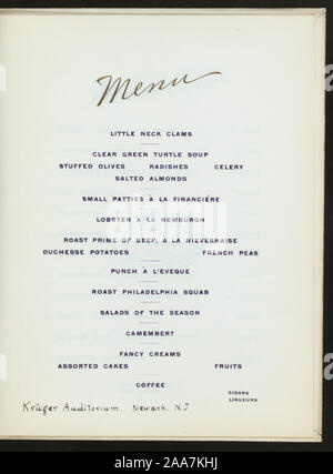 LIQUEURS ; Dessin de Mgr O'CONNOR ; LISTE DES DIGNITAIRES ; musique ; PLACEZ LA MAIN PAR FEB ; CONSÉCRATION DU DROIT DE REV. JOHN J. O'CONNOR, D.D. Évêque de NEWARK NJ [détenus par] l'ÉGLISE CATHOLIQUE [at] AUDITORIUM KRUGER, Newark, New Jersey (club privé) ; Banque D'Images