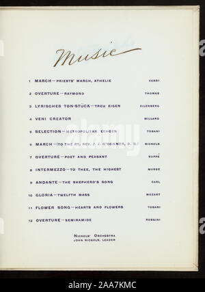 LIQUEURS ; Dessin de Mgr O'CONNOR ; LISTE DES DIGNITAIRES ; musique ; PLACEZ LA MAIN PAR FEB ; CONSÉCRATION DU DROIT DE REV. JOHN J. O'CONNOR, D.D. Évêque de NEWARK NJ [détenus par] l'ÉGLISE CATHOLIQUE [at] AUDITORIUM KRUGER, Newark, New Jersey (club privé) ; Banque D'Images
