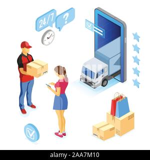Shopping Internet isométrique et la logistique de livraison Illustration de Vecteur