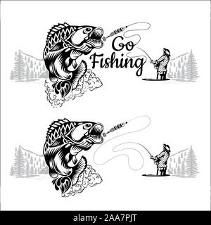 Poisson perche bend avec Fisher et paysage en engrving style. Étiquette pour la pêche, championnat et sport club on white Illustration de Vecteur