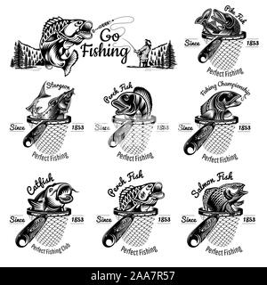 Ensemble de différents poissons tête de filet de l'atterrissage dans leur gravure. Le poisson-chat, perche, saumon, esturgeon, le brochet. Étiquette pour la pêche ou pêche à la boutique Illustration de Vecteur