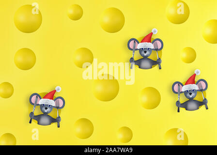 Souris avec du fromage. Cute Cartoon rat, symbole de l'année 2020. Le Nouvel An chinois. 3D render Banque D'Images