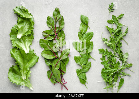 Salade verte fraîche, feuilles de betteraves, les épinards, la laitue et la roquette. Régime Végétarien, concept d'aliments sains. Banque D'Images