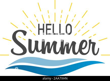 Bonjour l'été. Banner hello summer avec la solarisation et vagues. Sumer illustration. Texte en caractères d'été style. Vector illustration Illustration de Vecteur