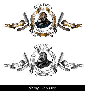 L'homme à barbe, le capitaine avec tuyau dans le centre de rubans d'or entre deux de razor dans leur gravure. Deux labels ou logos, noir et couleur pour burbershop ou Illustration de Vecteur