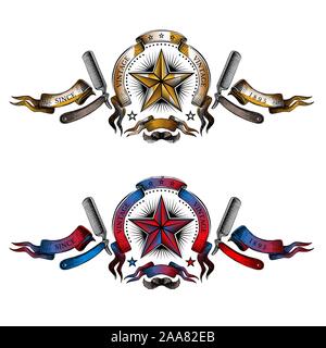 Des bannières avec deux étoiles dans le centre de ruban entre de deux gravures en couleur de rasoir. Style vintage pour burbershop ou t-shirt Illustration de Vecteur