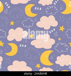 La lune, les étoiles et les nuages modèle vectoriel continu avec mignon ciel nocturne des caractères. Doux rêves de répéter l'arrière-plan. Bonne nuit Vector illustration pour Illustration de Vecteur