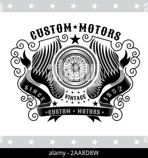Vue côté roue moto entre les ailes et le ruban. Vintage design on blackboard Illustration de Vecteur