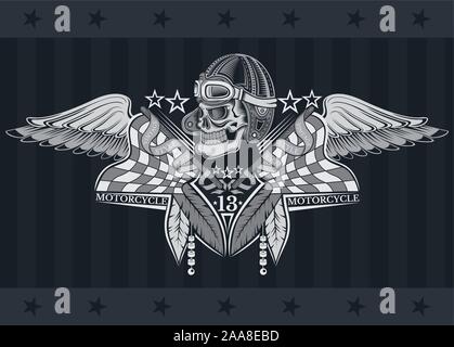 Emblème ou imprimé avec crâne dans un chapeau vintage de moto avec des lunettes et des drapeaux et des ailes des deux côtés Illustration de Vecteur