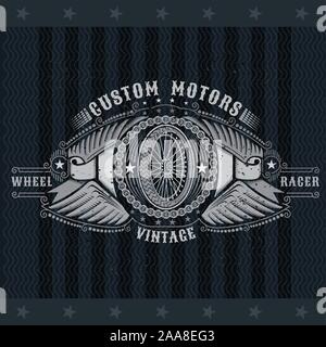 Vue côté roue de moto dans le centre de chaîne entre deux paires d'ailes et des rubans. Vintage design on blackboard Illustration de Vecteur