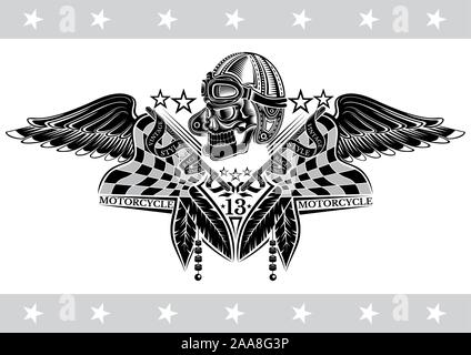 Emblème ou imprimé avec crâne dans un chapeau vintage de moto avec des lunettes et des drapeaux et des ailes des deux côtés Illustration de Vecteur