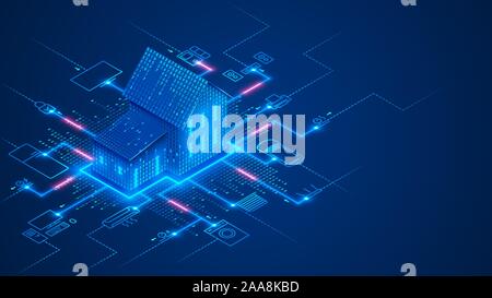 La technologie Smart home bannière conceptuelle. Bâtiment se compose de chiffres et connecté avec des icônes de périphériques intelligents. illustration concept de Illustration de Vecteur