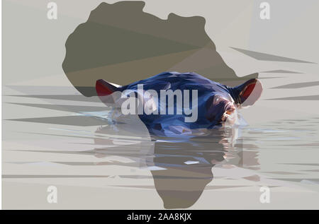 Low poly illustration d'un hippopotame africain submergé dans l'eau dans la forme de l'Afrique Banque D'Images