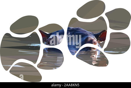 Low poly illustration d'un hippopotame africain submergé dans l'eau en forme de deux empreintes Banque D'Images