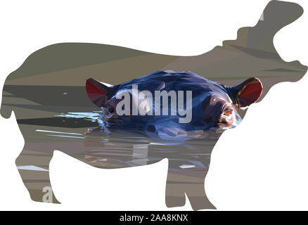 Low poly illustration d'un hippopotame africain submergé dans l'eau sous la forme d'un hippopotame Banque D'Images