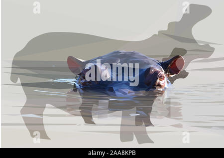 Low poly illustration d'un hippopotame africain submergé dans l'eau en forme de deux hippopotames avec un arrière-plan Banque D'Images