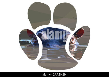 Low poly illustration d'un hippopotame africain submergé dans l'eau sous la forme d'une empreinte Banque D'Images