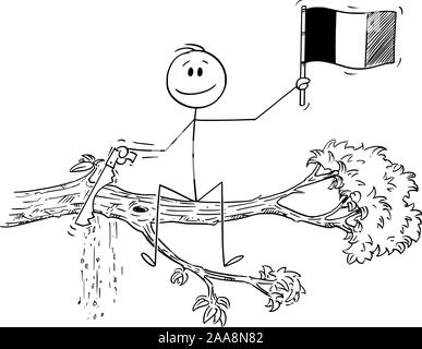 Vector cartoon stick figure dessin illustration conceptuelle de l'homme, brandissant le drapeau du Royaume de Belgique ou République française, la France, et avec l'arbre de scie coupe branche sur laquelle il est assis. Illustration de Vecteur