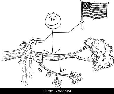 Vector cartoon stick figure dessin illustration conceptuelle de l'homme agiter le drapeau des États-Unis d'Amérique ou des Etats-Unis, et avec l'arbre de scie coupe branche sur laquelle il est assis. Illustration de Vecteur