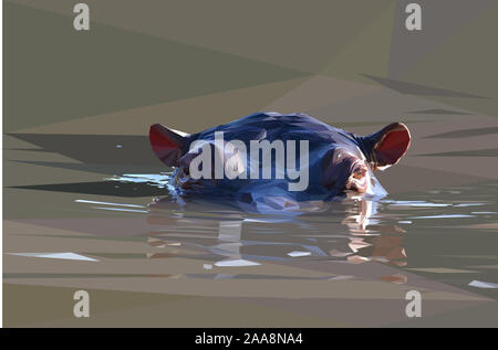 Low poly illustration d'un hippopotame africain submergé dans l'eau Banque D'Images