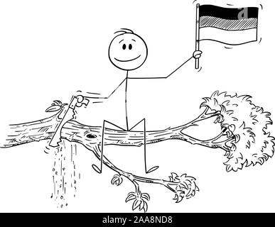 Vector cartoon stick figure dessin illustration conceptuelle de l'homme, brandissant le drapeau de la République fédérale d'Allemagne, et de coupe avec la scie arbre branche sur laquelle il est assis. Illustration de Vecteur