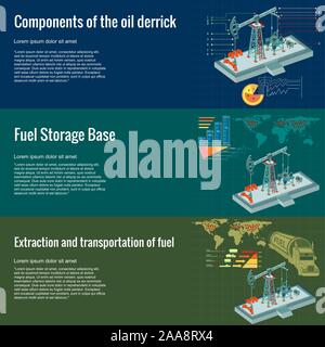 Construction et de l'huile derrick, composants de stockage de carburant, d'extraction et de transport la planification d'entreprise idée profitable. Trois concept background f Illustration de Vecteur