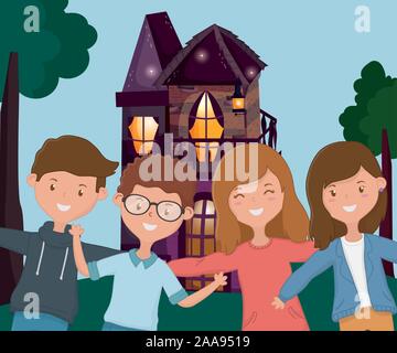 Les jeunes hugging cottage country une scène vector illustration Illustration de Vecteur