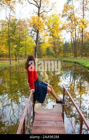 Une jeune femme est assise sur un pont près d'un lac sur une journée ensoleillée. Belle automne Banque D'Images