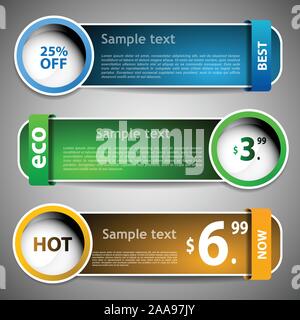 Jeu de trois en-têtes ou bannières colorés à découpe horizontale de papier brillant avec conception créative abstraite, étiquette de prix ronde, Vector for Web - Template Illustration de Vecteur