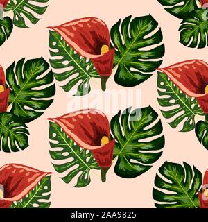 Modèle transparent avec les feuilles et fleurs de lys callas. Vert clairs et sombres, feuilles de palmier, modèle homogène. Illustration de Vecteur