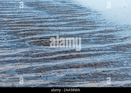 Le sable et les galets humides du rivage sont laissés derrière pendant que la marée se réince. Banque D'Images