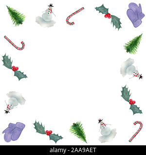 Winter frame avec ensemble d'éléments d'aquarelle pour noël et nouvel an, modèle de frontière pour la liste de souhaits concept, invitation ou des cartes de vœux Banque D'Images