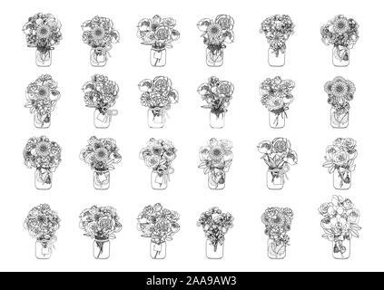Noir et blanc dessiné à la main collection de bouquets de fleurs de style doodle. Roses monochromes, pivoine, succulentes, orchidées, dahlia, floral design clip art Banque D'Images
