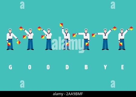 Modèle plat, agitant des drapeaux, les marins du signal de parole au revoir avec système de sémaphore drapeau Illustration de Vecteur