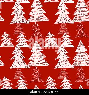 Modèle sans attirer la main d'arbre de Noël sur fond rouge design Illustration de Vecteur