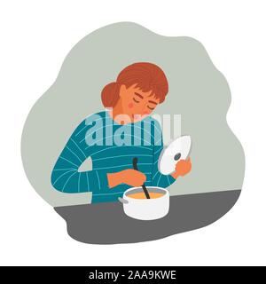 La fille est la cuisson de la soupe. Jeune femme avec pan et louche. Vector illustration télévision Illustration de Vecteur