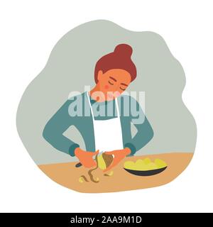 Peler fille pour la cuisson. Une jeune femme avec un couteau et un légume prépare la nourriture. Vector illustration télévision Illustration de Vecteur