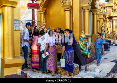 Les gens prennent part à des bouddhistes le rituel de verser de l'eau plus de statues bouddhiques, la pagode Shwedagon, Yangon, Myanmar. Banque D'Images