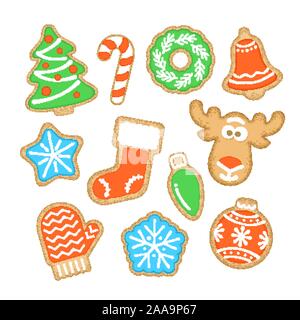 Cookies de Noël décoré avec du sucre glace. D'épices Biscuits faits maison. Cartoon Vector illustration. Repas de fête traditionnel. Différentes formes s Illustration de Vecteur