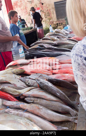 Victoria, Seychelles - Avril 29, 2019 : les gens d'acheter du poisson au marché de poisson de Victoria Banque D'Images