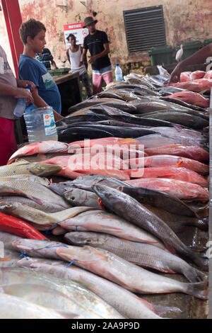 Victoria, Seychelles - Avril 29, 2019 : les gens d'acheter du poisson au marché de poisson de Victoria Banque D'Images