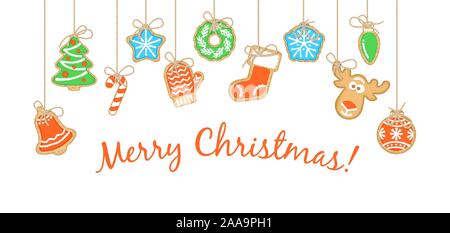 Joyeux Noël avec texte message d'épices colorés se liguer contre les cookies avec des chaînes de caractères. Maison de vacances vector cartoon illustration. Des biscuits décorés w Illustration de Vecteur