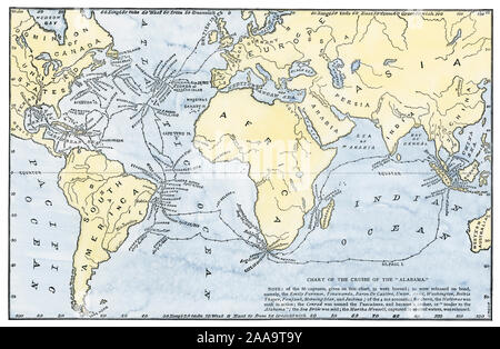 Graphique de la croisière du navire confédéré Alabama', 'La guerre civile US. À la main, gravure sur bois Banque D'Images