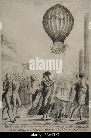 Ascension du ballon Vicente Lunardi (1754-1806) sur le Buen Retiro, 12 août 1792. Gravure sur papier, ca.1793. Musée d'histoire. Madrid. L'Espagne. Banque D'Images