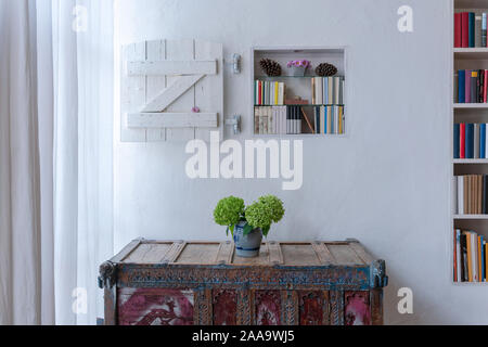 Entrée confortable d'une maison de campagne rustique en bois avec un cabinet colorés devant un mur blanc avec des étagères, une petite bibliothèque avec obturateur Banque D'Images
