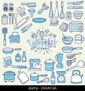 Ensemble d'ustensile de cuisine de couleur deux tons sur fond vert clair Illustration de Vecteur