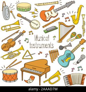 Ensemble d'instruments de musique doodle dessiné à la main en couleur Illustration de Vecteur